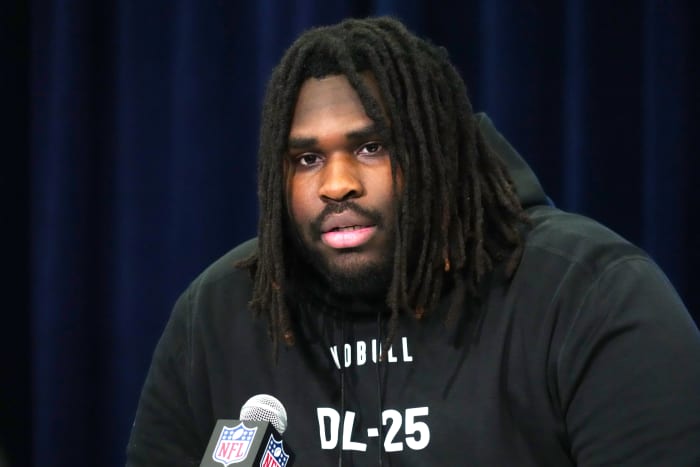 Feb 28, 2024; Indianapolis, IN, USA; Texas defensive lineman T'Vondre Sweat (DL25) speaks at a press conference at the NFL Scouting Combine at Indiana Convention Center. Mandatory Credit: Kirby Lee-USA TODAY Sports